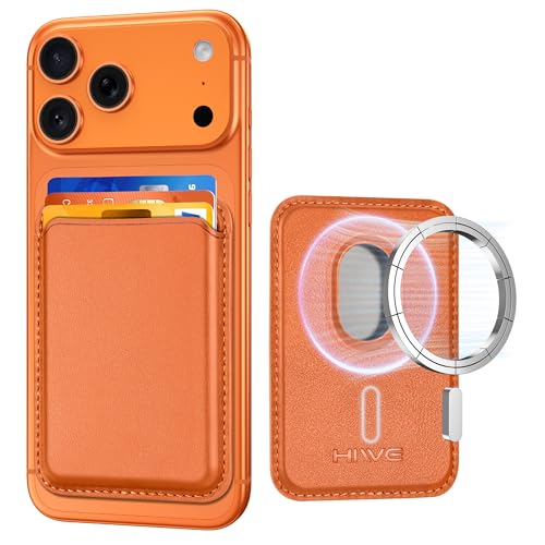 HiWe for MagSafe Wallet, 3 Cards Holder with RFID Blocking, Stronger Magnetic Wallet for iPhone 17/16/15/14/13/12 Series, Vegan Leather Minimalist Slim, 1 Slot, Orange