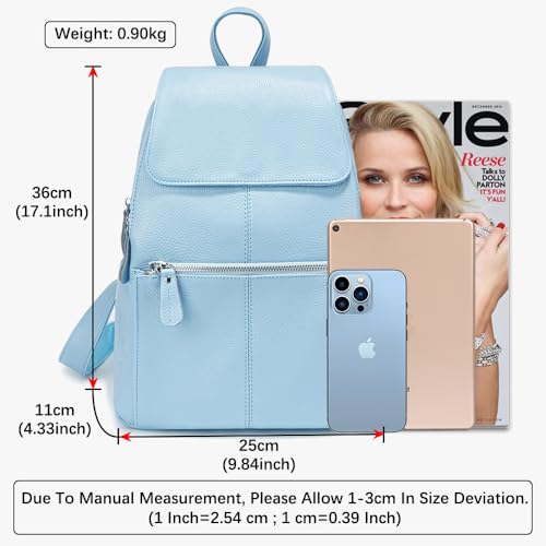 Image of zency 15 Colors Real Soft 100% Genuine Leather Women Backpack Fashion Ladies Travel Bag Preppy Style For Woman (Light Blue)