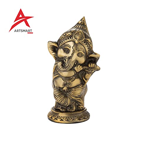 Image of ARTSMART Metal Lord Ganesha Idol Statue Ganpati Figurine Decorative Showpiece for Gift Pooja (8x6x15 cm, Brass Antique)
