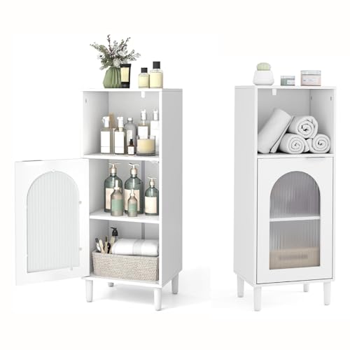 COSTWAY Badezimmerschrank, Badschrank schmal mit offenem Fach & Glastür, Badkommode Holz mit verstellbaren Regal, Aufbewahrungsschrank modern für Badezimmer, Wohnzimmer, Küche, 35 x 30 x 90cm