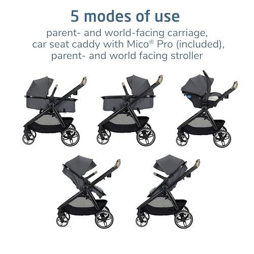Image of Maxi-Cosi Zelia Pro 5-in-1 Travel System with Mico Pro Infant Car Seat and Baby Stroller Combo, Reversible Seat, Large Wheels, Adjustable Handle, Newborn to Toddler, Lightweight, Sea Salt