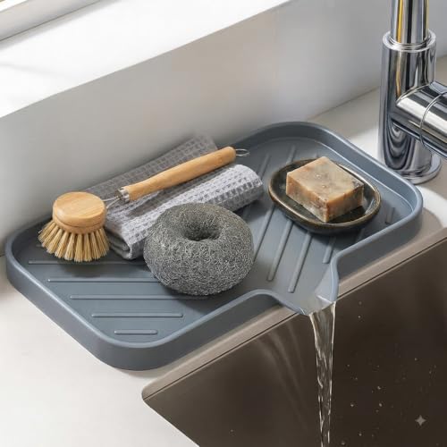HAKKU Silicone Kitchen Sink Mat 25 x 13 cm & Organizer – Fast-Drying Faucet Drip Pad | Non-Slip Sink Tray for Soap, Sponge & Scrubber Storage