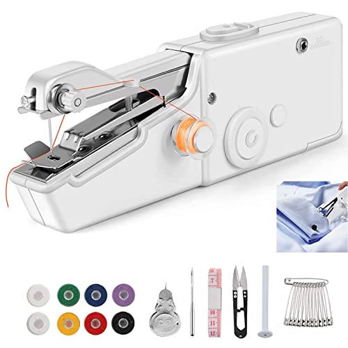 VxoDhuuo Mini máquina de coser, máquina de coser de mano, máquinas de coser eléctricas portátiles para principiantes, fácil de usar, fácil de coser de ropa y telas, adecuada para viajes en casa