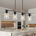 Dining Room Light Fixture Over Table, Farmhouse 4-Light Kitchen Island Lighting, Rustic Wood Chandelier with Clear Glass Shade and Adjustable Rods, Industrial Black Pendant Hanging Lights