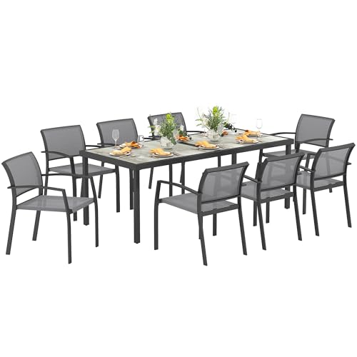 Outsunny Set Tavolo da Giardino con Sedie da 9 Pezzi, Set da Pranzo con Tavolo con Piano in PSPC, 8 Sedie da Esterno Impilabili con Braccioli, Set di Mobili in Acciaio e Textilene da Terrazza, Grigio