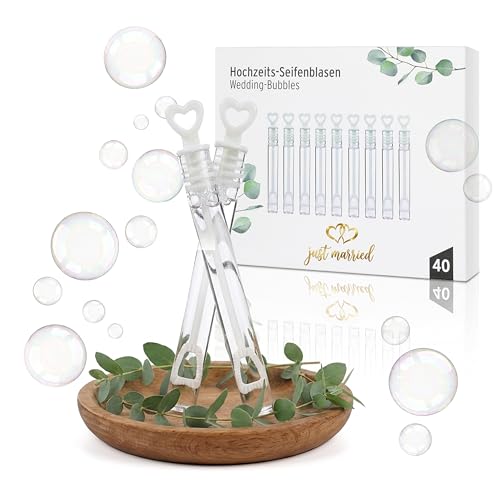 Nordstern Seifenblasen Hochzeit 40er Pack - Ideal als Hochzeitsdeko oder Gastgeschenk in weiß mit Herzgriff - Befüllte Hochzeitsseifenblasen