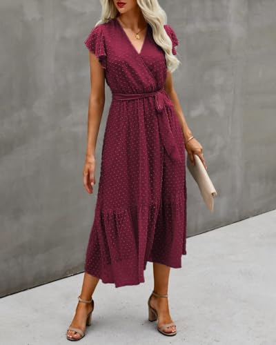 Image of BTFBM Women Summer Bohemian Floral Casual Wrap V Neck Ruffle Cap Sleeveless Belt A-Line Pleated Hem Midi Sun Dress White