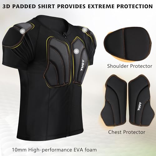 Mens Skating Padded Shirt for Snowboard Skiing Compression Shirt with Pads Chest Protector, Protective Whole Back Shoulder Adult Impact 3D Undershirt Heart Guard for Football Lacrosse3