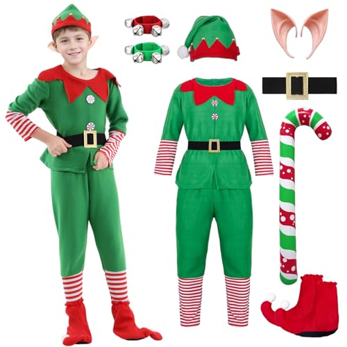 HarnyLoom Costume Lutin Femme Homme Deguisement Elfe Noel Enfant Robe Vert Rouge Chaussettes Oreilles d'Elfe Ceinture Adulte Garçon Fille Cosplay...