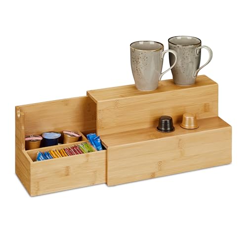 Relaxdays Organizador de Cocina con Cajón Lateral, Estante de Encimera, Té y Café, 4 Compartimentos, 18x33x15cm, Natural