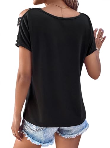 Remidoo Women's Ladder Cut Out T Shirt Tops Short Sleeve V Neck Tee Top Blouses2