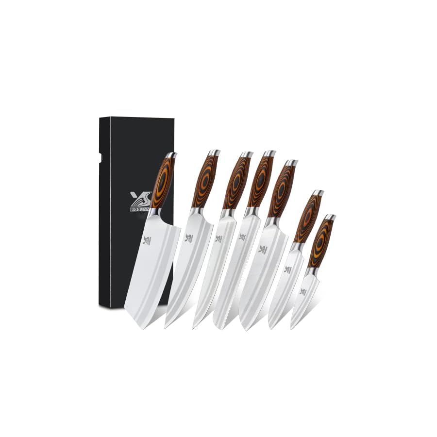 MSY BIGSUNNY 7-PCS Kitchen Knife Set, German Stainless Steel for Chef Knife Set with Pakkawood Handle, Perfect Cutlery Set Gift