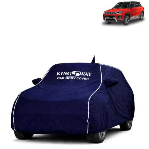 Image of KINGSWAY Super Waterproof Car Cover Only with Maruti Suzuki Vitara Brezza (Year 2020 to 2022) | Mirror and Antenna Pockets | All Weather Car Body Cover with Silver Piping | Blue