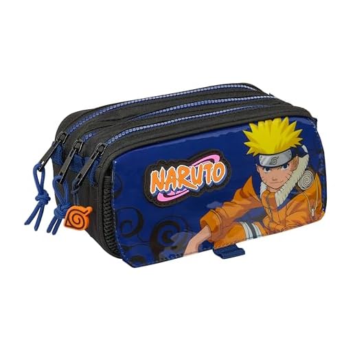 Safta Naruto Ninja - Portatodo Triple Big, Estuche Infantil, Estuche Niño, Ideal para Niños en Edad Escolar, Cómodo y Versátil, Calidad y Resistencia, 21.5x8x10 cm, Color Negro/Azul
