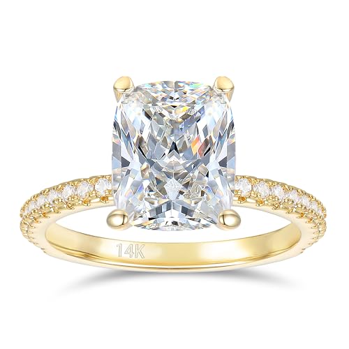 14K White Gold Moissanite Engagement Rings, 14K 3CT Elongated Cushion Cut Engagement Rings, Classic 4-Prong White Gold Moissanite Rings for Women