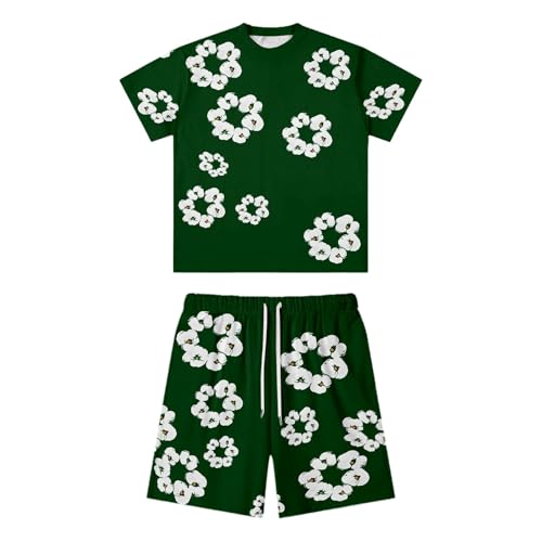 Gefomuofe Conjunto de chándale para hombre Y2K Hip Hop camiseta de manga corta y pantalones cortos de verano, camiseta y pantalón unisex de dos piezas, ropa deportiva para jogging, con flores, verde