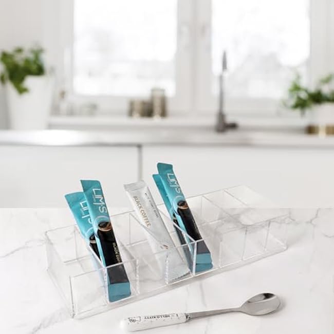 Drink Packet Organizer,Water Packet Organizer,Acrylic Storage Container,Food Storage Organizer Bins,Packet Organizer Pantry,Tea Bag Organizer with 8 Compartments for Snacks Spices