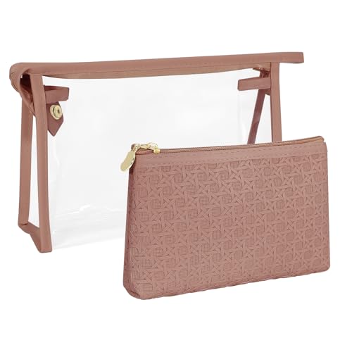 Makeup Bag Set of 2 – Clear PVC Toiletry Bag with Zipper & PU Leather Cosmetic Pouch, Travel Makeup Organizer Bags for Women, Portable Leather Pouch for Purse or Travel, Brown