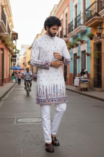 Image of Trustous Men's White Printed Kurta | Stylish Ethnic Wear Kurta for Men | Regular Fit Traditional Kurta | Festive, Wedding, Party & Casual Wear