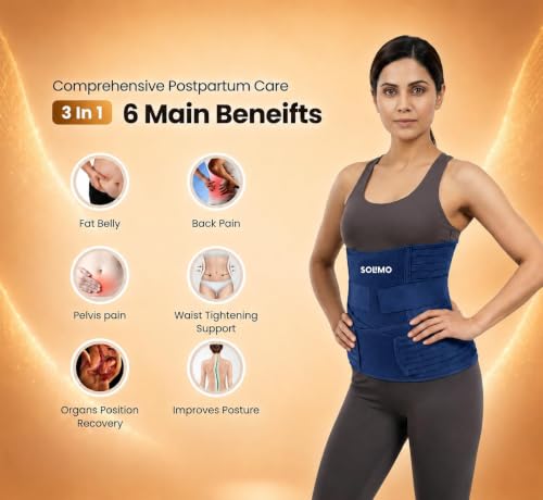 Image of Amazon Brand - Solimo 3-In-1 Postpartum Belly Band Post Pregnancy Abdominal Belt After Delivery Waist & Pelvis Slimming Shapewear Tummy Reduction (Free Size) (Navy Blue)