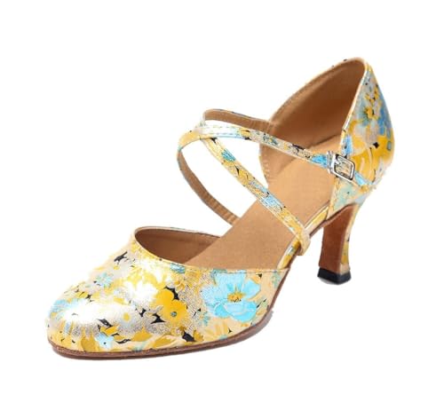 Sandales de danse latine haut de gamme avec talon jaune floral
