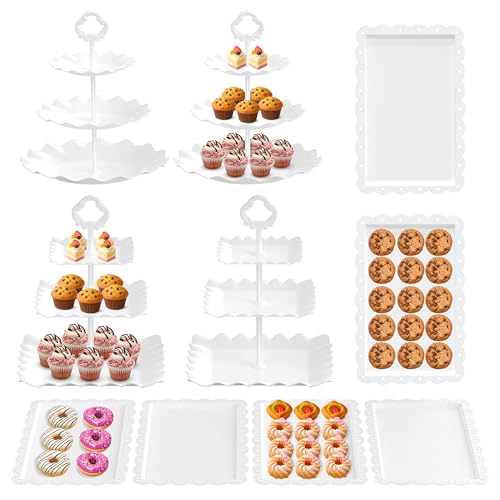 RICCLE 10Pcs Dessert Table Display Set 3 Tiered Cupcake Stand Cupcake Holder & Cake Stands Dessert Display Serving Trays for Party Bridal Shower Baby Shower Tea Party and Birthdays