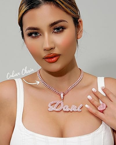 Iced Out Custom Name Necklace With Cuban Link Chain For Man And Women, Hip Hop 14K Real Gold Plated Personalized Initial Letter Pendant Necklaces, Handmade Customized Nameplate Jewelry Gifts For Girls (Rose Gold/Pink) #TOP4