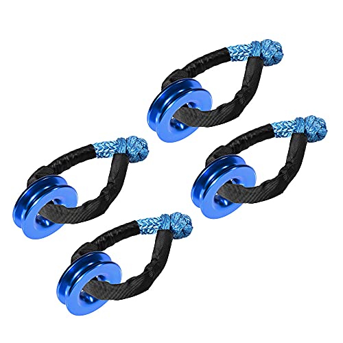 Anzios Fit ATV UTV SUV Towing Trailer 3/8 inch 1/2 inch Winch Ropes 4X Blue Synthetic Soft Shackle Rope 38000lbs Breaking Strength Protective Sleeve + 4X Snatch Aluminum Recovery Ring 41000lbs