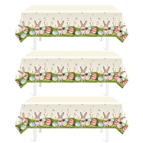 Image of Childom 3 Pack Easter Decorations Easter Tablecloths Disposable Plastic Tablecloths 54 inchx108 inch Bunny Table Cloths Rectangle Tables for Party Supplies,Holiday Table Covers for Home Dinner Outdoor Picnic