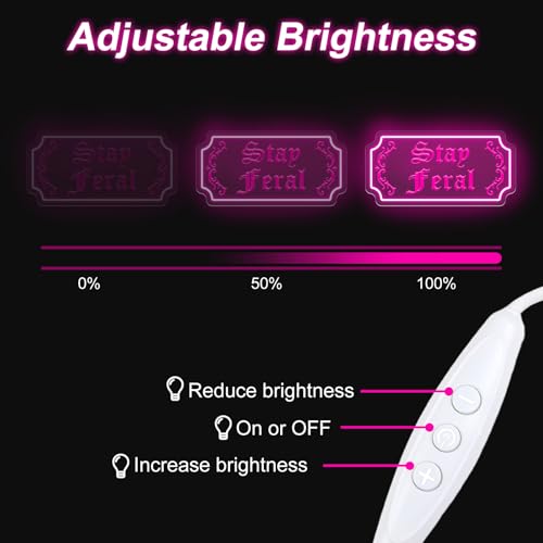 Image of Stay Feral Neon Sign Gothic Decor LED Light Goth Lover Gift | USB Powered Dimmable Halloween Decoration Bat Neon Sign Decor Ghost Spooky Wall Art 15.7 inchx7.9 inch Pink