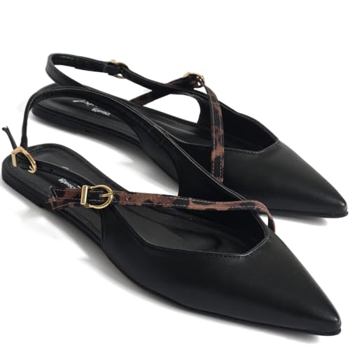 Image of LUMINOSA Women's Pointed-Toe Cross-Strap Flats - Black-Leopard Mix