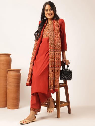 Image of Vbuyz Women Ajrakh With Yoke design Cotton Straight Kurta Set With Dupatta