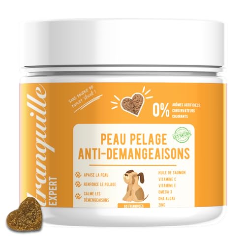 Tranquilo Experto en Piel y Peeling - golosinas antipicazón para Perros, suplemento alimenticio sin Polvo de Pollo. 60 golosinas