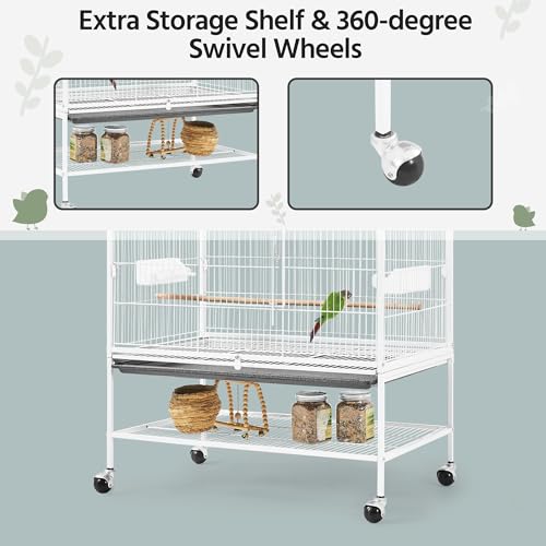 Yaheetech Vogelkäfig mit ständer, Vogelvoliere mit 3 Holzstangen und 4 Futternäpfen, Wellensittich Käfig mit 4 Rollen, Voliere für Papageien, 52 x 79 x 132 cm, Weiß