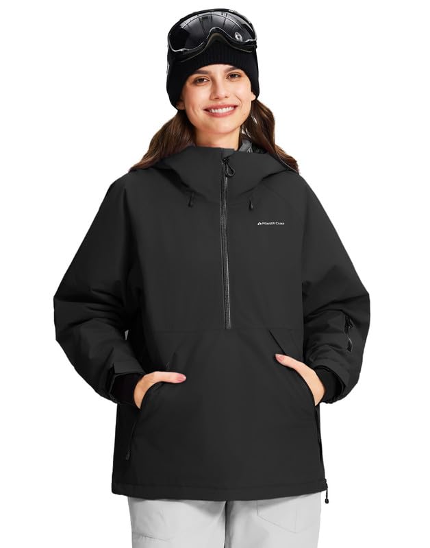 Pioneer Camp Damen Skijacke mit Kapuze Wasserdicht 10000mm H2O Winddichte Schneejacke Warme Winterjacke mit Abnehmbarer Schneefang und Reißverschluss Kapuze für Ski Snowboard Outdoor(Black;M)