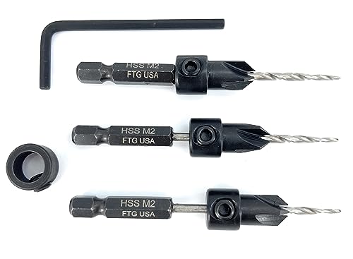 Image of FTG USA #4 (7 /64 inch) Wood Countersink Drill Bit 3-Pc Set with 3 /8 inch Depth Stop