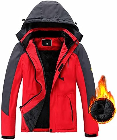 AFILOK Men's Mountain Waterproof Ski Jacket Windproof Rain Jacket Winter Warm Snow Coat with Removable Hooded (09#dark gray/red, L)