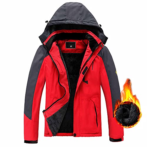 Afilok Men's Mountain Waterproof Ski Jacket Windproof Rain Jacket Winter Warm Snow Coat With Removable Hooded (09#Dark Gray/Red, L) #TOP2