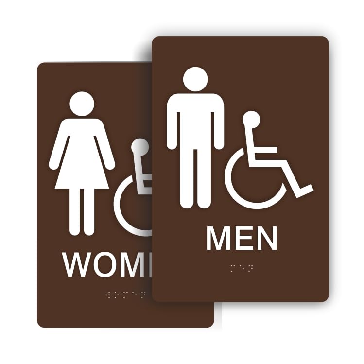 JUSTBRAILLESIGNS ADA Accessible MEN and WOMEN Restroom sign COMBO PACK, 6” x 9”, ADA Compliant Bathroom Sign Pair for Building or Business, Many