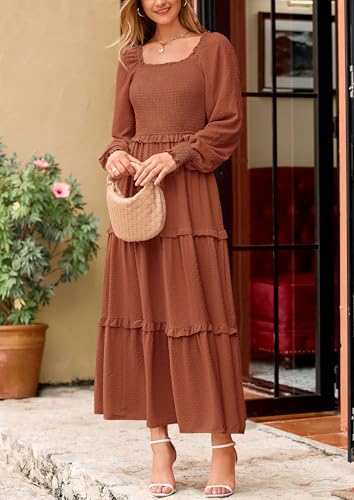 PRETTYGARDEN Fall Dresses for Women 2025 Long Sleeve Smocked Square Neck Swiss Dot Tiered Flowy Wedding Guest Maxi Dress