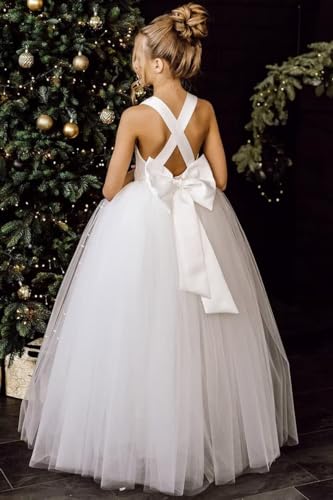 JISISANG Ivory Satin Birthday Party Pageant Dress for Girls Boho Floor Length Flower Girls Tutu Dresses Princess Backless First Communion Formal Dress Ball Gown with Bow Knot Ivory 084