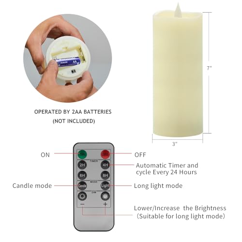 Image of Flameless LED Candles 3 inchx7 inch Set of 1, Battery Operated with Remote & Timer, 600-Hour on 2 AA Batteries, Flickering Realistic Flame, Ivory for Indoor /Outdoor