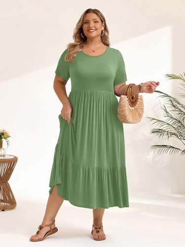 Image of LARACE Plus Size Dresses for Women Summer Casual Short Sleeve Long Dress Flowy Maxi Beach Dresses with Pockets L-6XL
