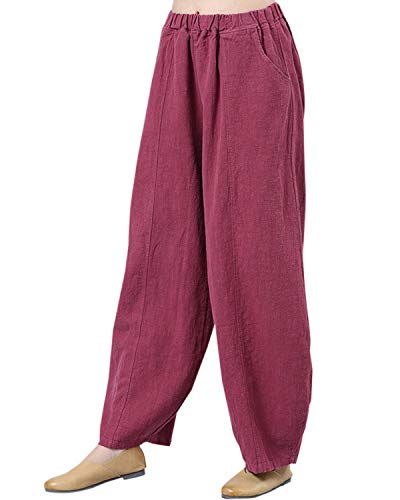 Aeneontrue Women's Casual Linen Wide Leg Pants Loose Elastic Waist Palazzo Trousers Burgundy L