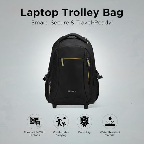 Image of NOVEX Pacific 35 Litre Water Resistant Laptop Trolley Bags for Travel with 3 Compartments 15.6 inch Roller Case for Office Travel Bag for Men & Women | 2 Wheels Trolley Backpack Laptop
