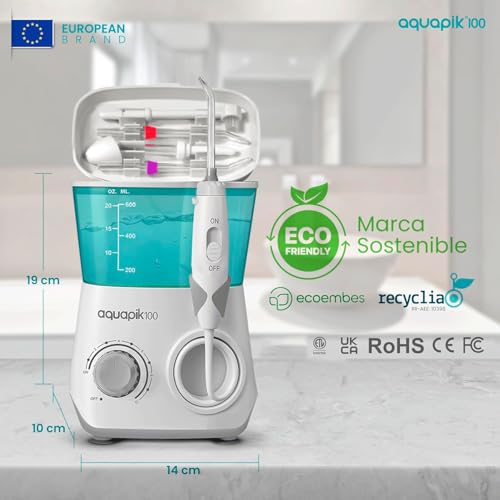 Irrigador dental Aquapik100® profesional waterflosser limpieza profunda 10 niveles de presión 9 boquillas depósito 600ml para encías sensibles ortodoncia puentes implantes elimina placa dental Blanco - imagen 2