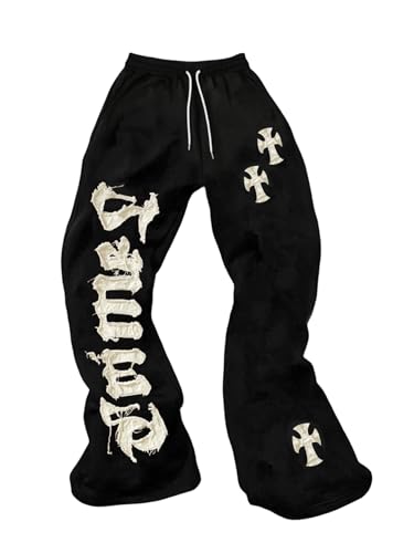 VIPWOLF Men's Graphic Stacked Sweatpants Streetwear Gothic Drawstring Flared Sweat Pants Black Medium