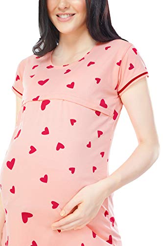 Image of ZEYO Women's Cotton Heart Printed Maternity & Feeding Relaxed Night Suit Set of Top & Pyjama Nursing Night Dress 5329 (Available in Plus Size)