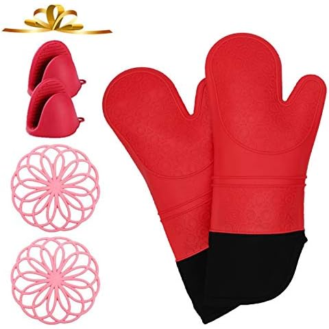 VWMYQ Extra Long Silicone Oven Mitts and Pot Holders Sets, Cooking Mittens Professional Heat Resistant with 2 Mini Pinch Mitts for Kitchen Cooking Baking ,Pack of 6 (red) Cover