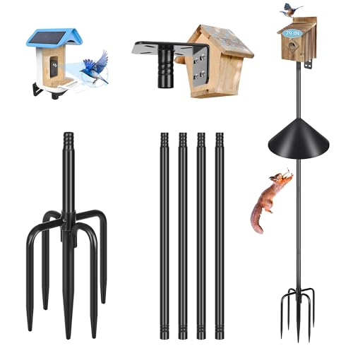 Gtongoko Smart Bird Feeder Pole Squirrel Proof 79 Inch Bluebird House Pole for Outdoors Squirrel Baffles for Feeders Weather Station Heavy Duty Metal Mounting Kit Black